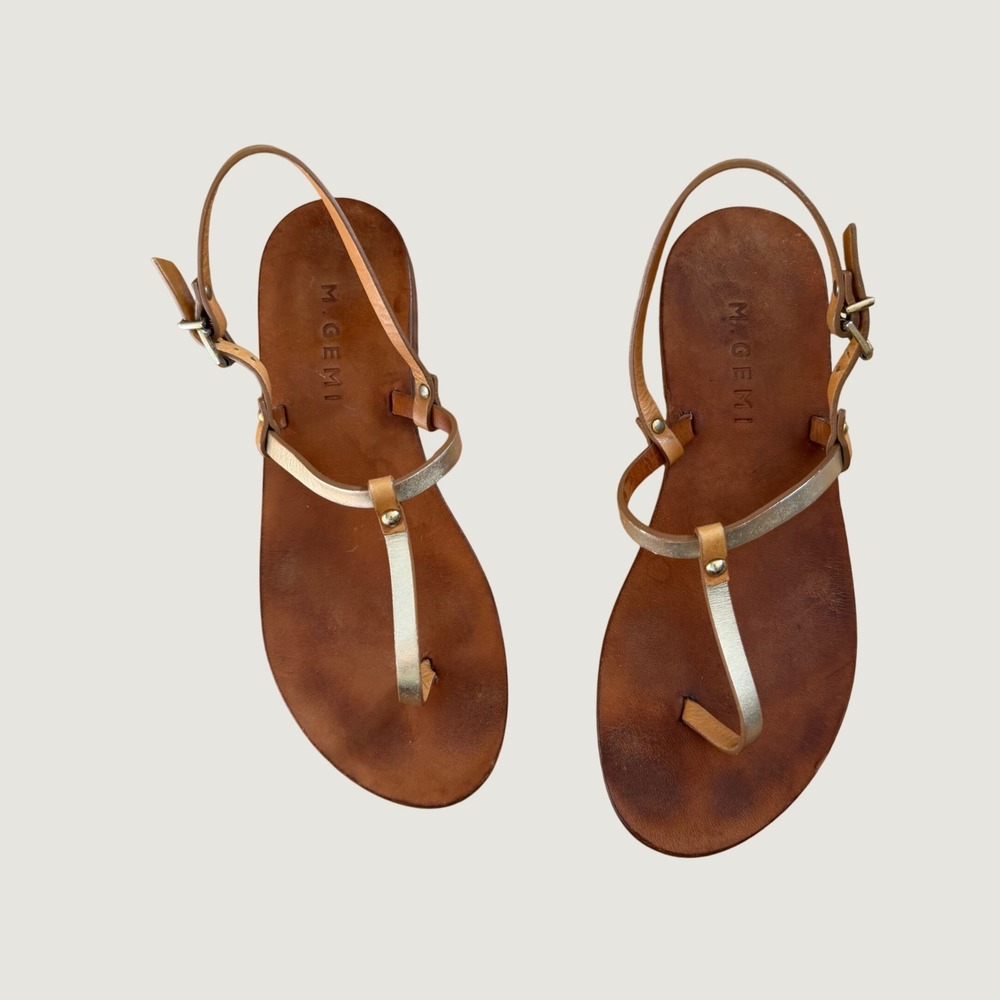 M. Gemi Tan Leather Gold T-Strap Sandals Made in Italy Size 36.5 Buckle Flat
